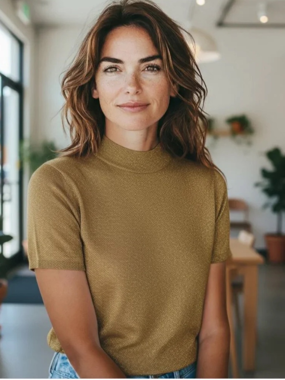 St. John Short Sleeve Turtleneck Sweater in Mustard Gold